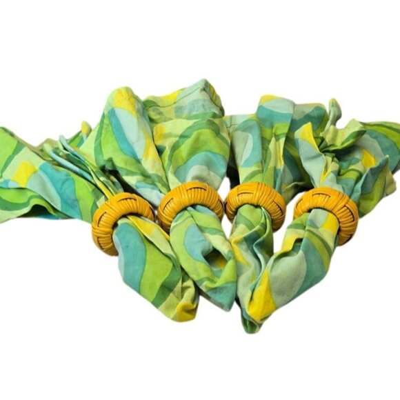 Set Of 4 Retro Groovy Green & Yellow Cloth Napkins W/ Wicker Napkin Rings Boho - Picture 4 of 10